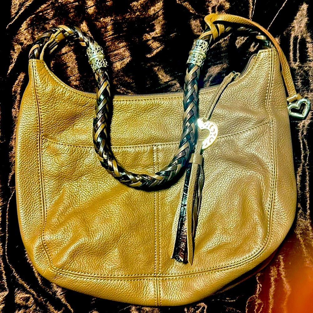 Brighton Barbados pebbled leather hobo handbag brown, metallic gold braided hndl